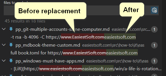 VS Code preview before replacement and after replacement