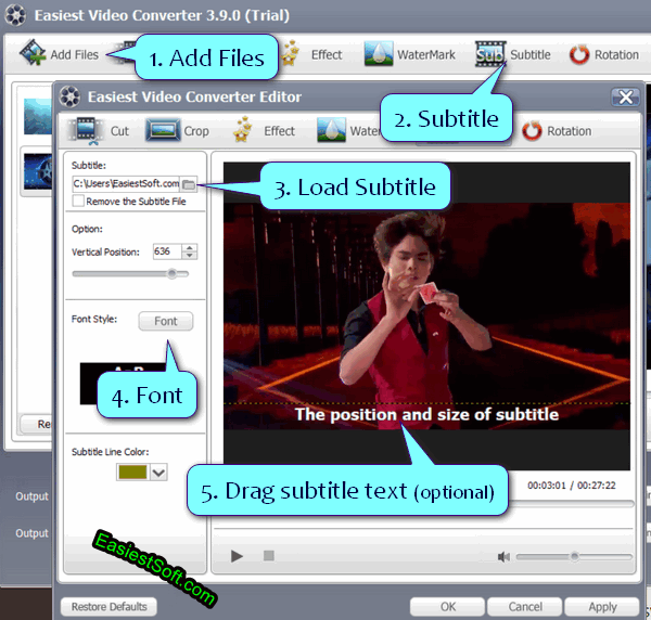 Steps to add .srt or .ass subtitle to video using Easiest Video Converter for Windows 10