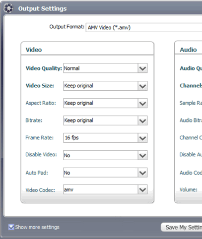 Video to AMV Conversion "Output Settings" in Easiest Video Converter for Windows