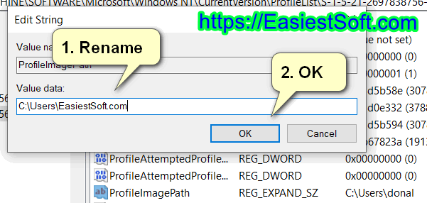 Set a New name under C:\Users folder in Registry Editor