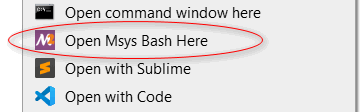 Right-click context menu of 'Open Msys Bash here'
